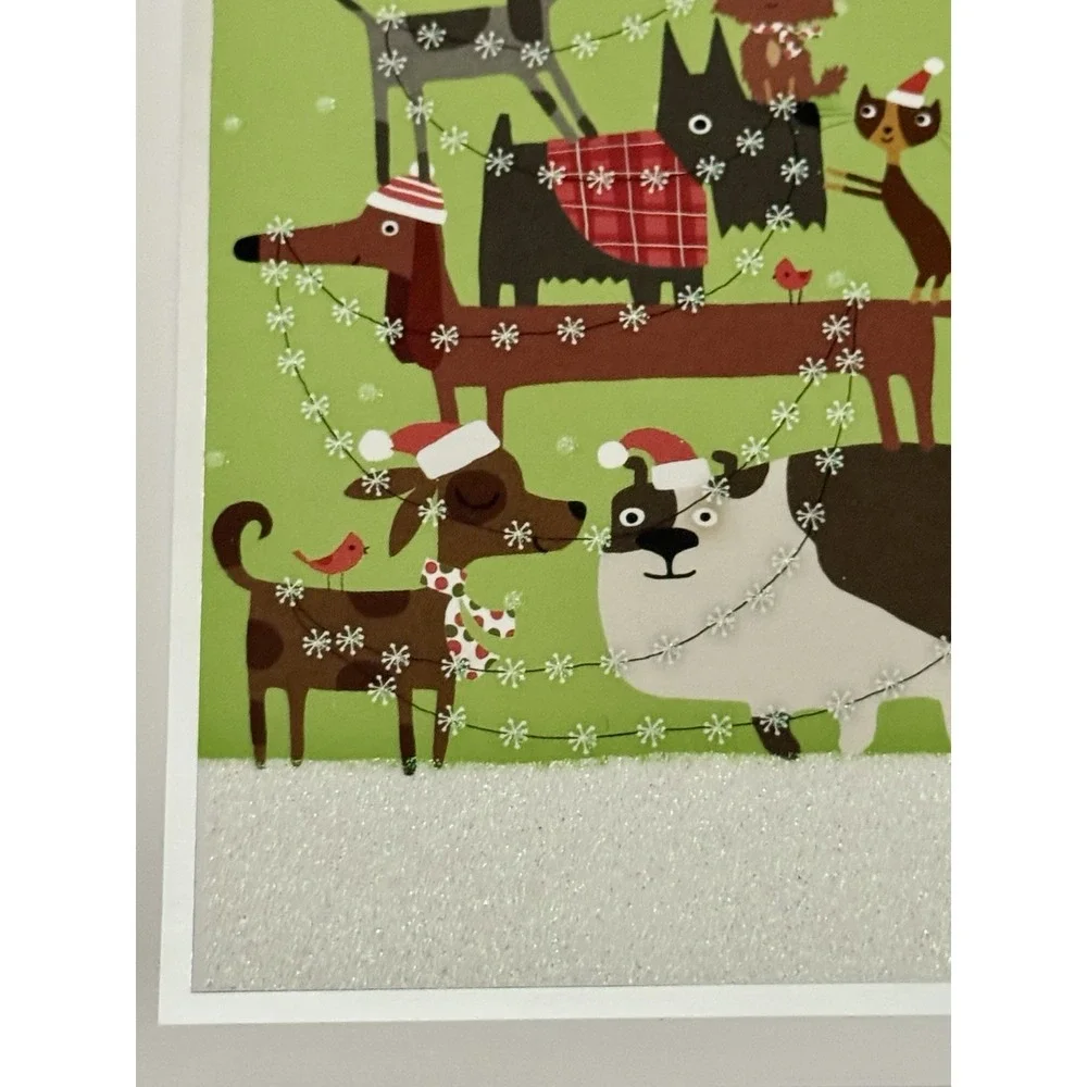 Dogs Cats Christmas Cards Glitter 12 Plus Envelopes Hallmark Holiday No Box